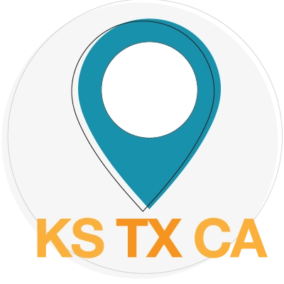 KS, TX, and CA location marker