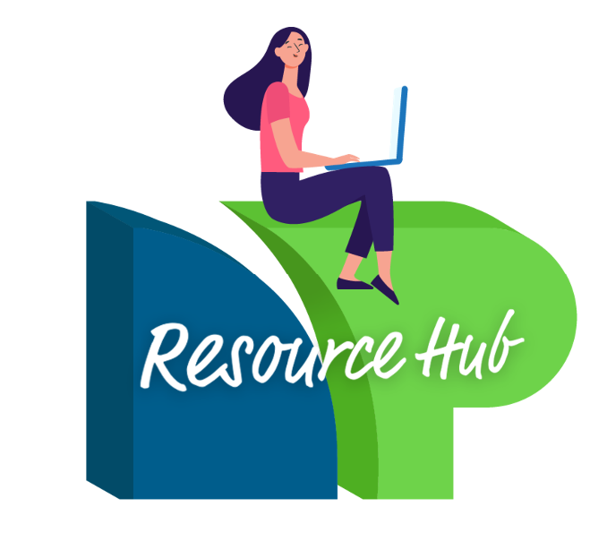 woman sitting with laptop on NP initials with text that reads "resource hub" over the top