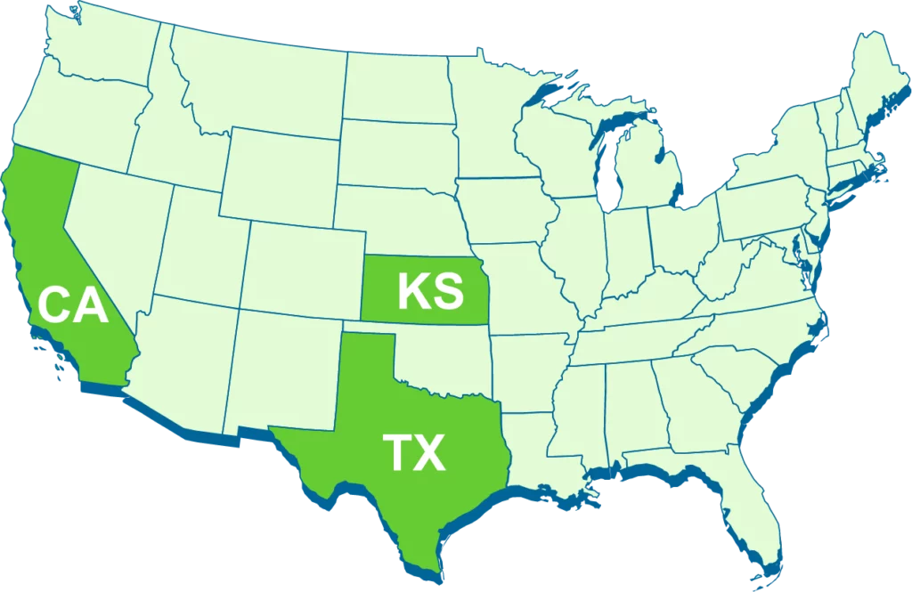California, Kansas, and Texas highlighted on a map of the US