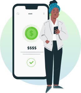 Woman looking on her phone while graphic of phone shows a UI for a loan app